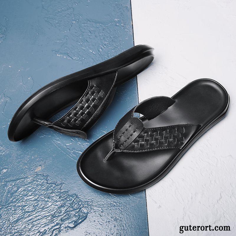 Flip Flops Herren Hausschuhe Mode Rutschsicher Sommer Europa Echtleder Schwarz