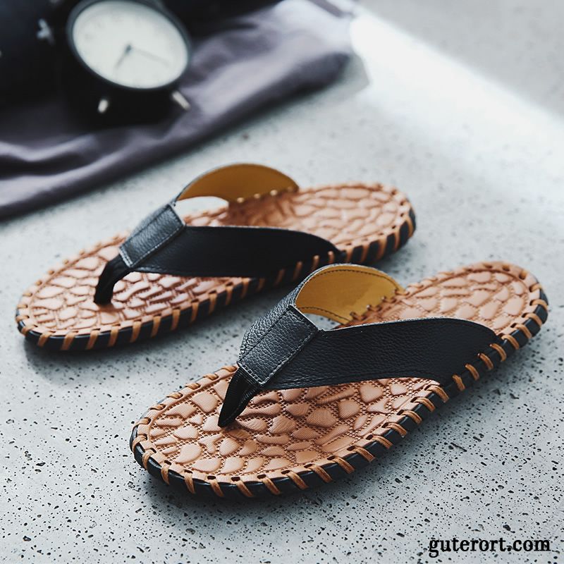 Flip Flops Herren Pantolette Echtleder Persönlichkeit Hausschuhe Trend Sommer Sandfarben Schwarz Rot