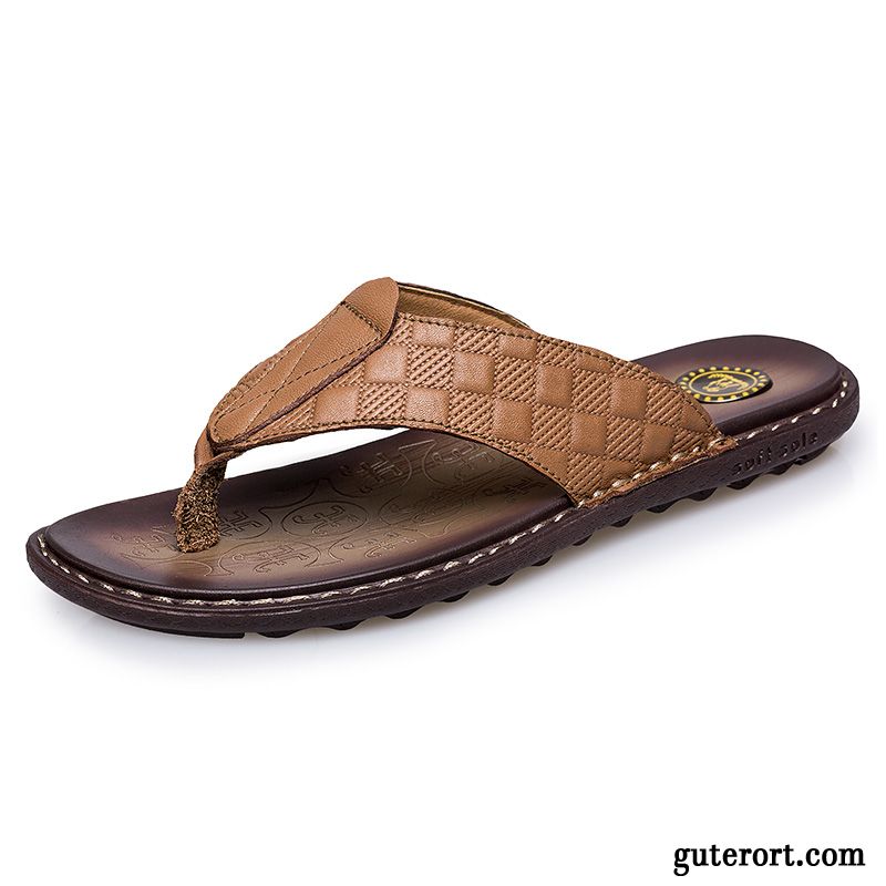 Flip Flops Herren Pantolette Neue Rutschsicher Echtleder Casual Tragen Sandfarben Braun