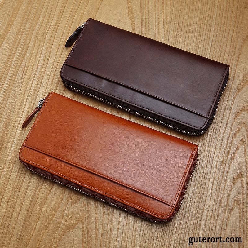 Geldbörse Herren Original Reißverschluss Clutch Echt Leder Langer Abschnitt Top Leder Orange Blau Braun