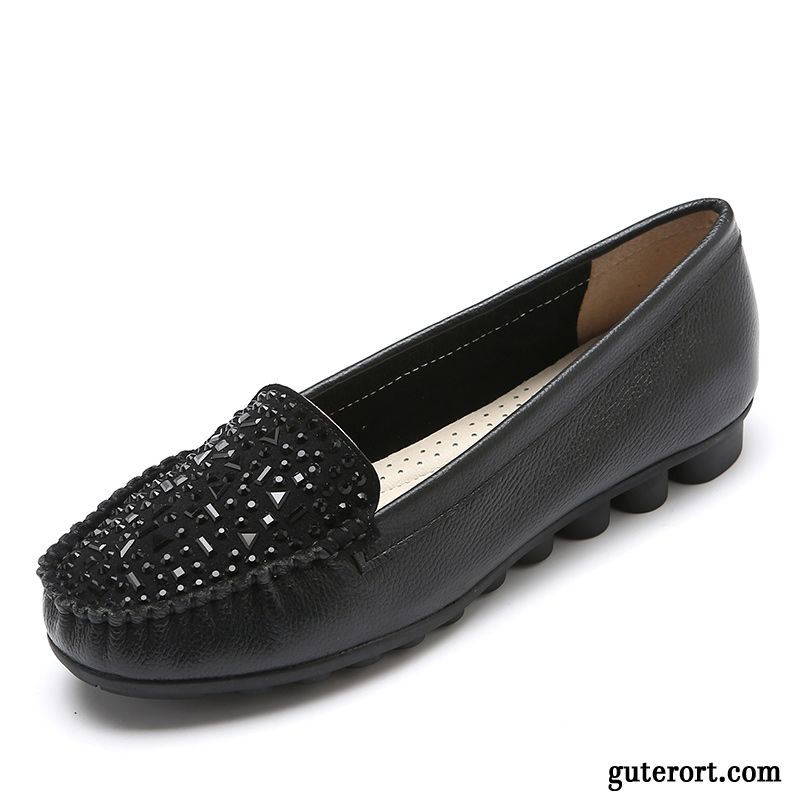 Halbschuhe Damen Echtleder Schnürschuhe Lederschuhe Weiche Sohle Slip-on Schwarz Hell