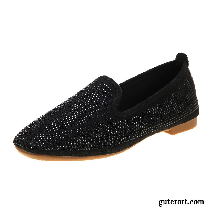 Halbschuhe Damen Slip-on Schnürschuhe Retro England Herbst Vierkantkopf Schwarz