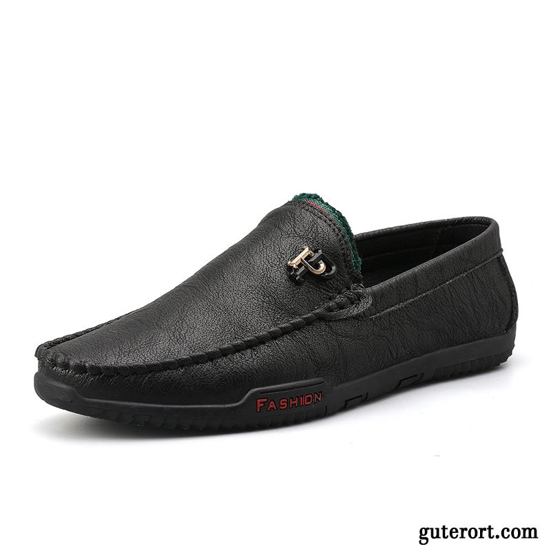 Halbschuhe Herren Feder Faul Lederschue Slip-on Atmungsaktiv Trend Schwarz