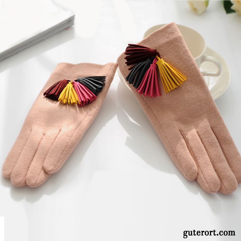 Handschuhe Damen All Match Quasten Samt Winddicht Kaschmir Warm Halten Rosa