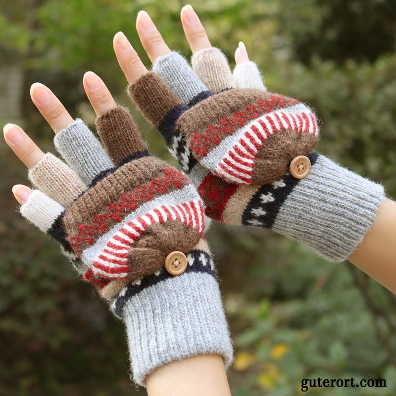 Handschuhe Damen Dicke Student Warm Halten Halber Finger Neu Winter Grau