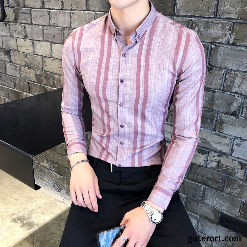 Hemden Herren Schlank England Trend Streifen Herbst Europa Rosa Rot