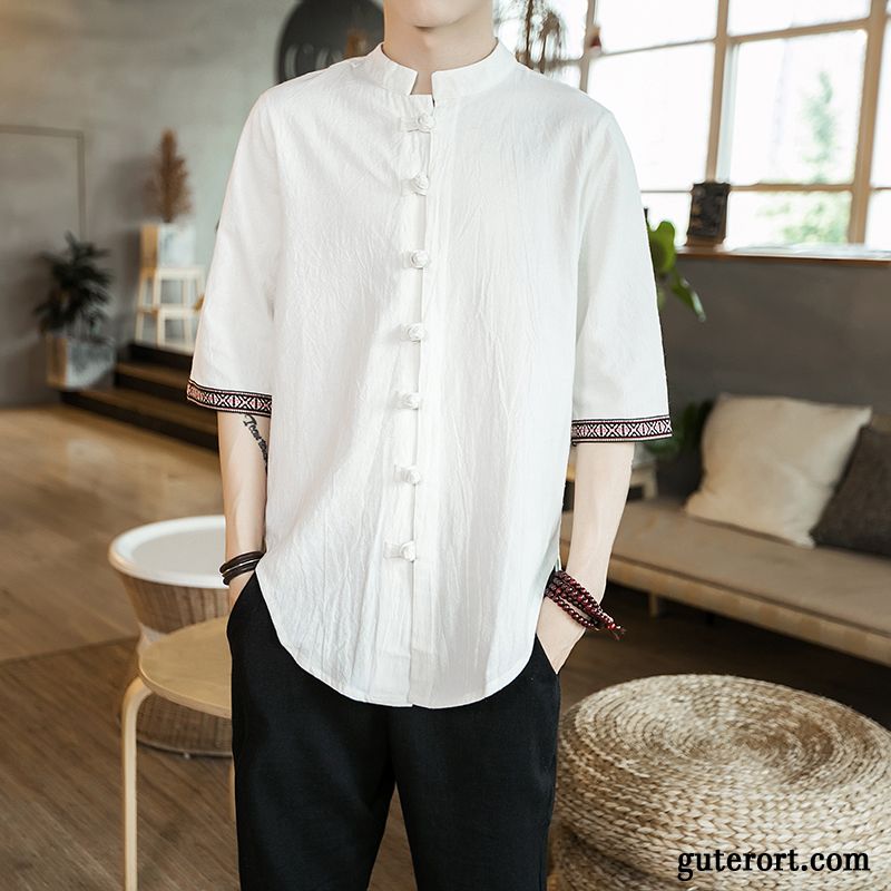 Hemden Herren Sommer Mantel Trend Chinesischer Stil Lose Freizeit Weiß