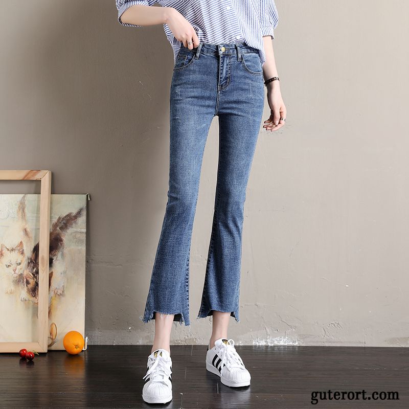 Jeans Damen Ausgestellte Jeans Löcher Hohe Taille Allgleiches Leicht Weites Bein Blau