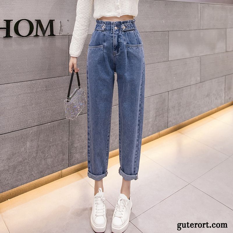 Jeans Damen Dünn Hohe Taille Blume Gerade Harlan Lose Dunkelblau