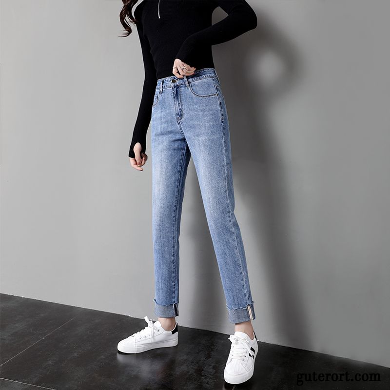 Jeans Damen Dünn Lose Weites Bein Hohe Taille Hose Sommer Blau