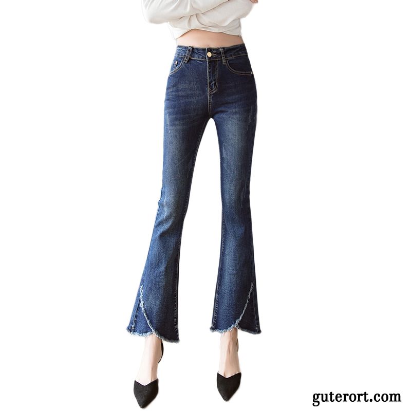 Jeans Damen Dünn Quaste Hose Hohe Taille Neu Rand Blau