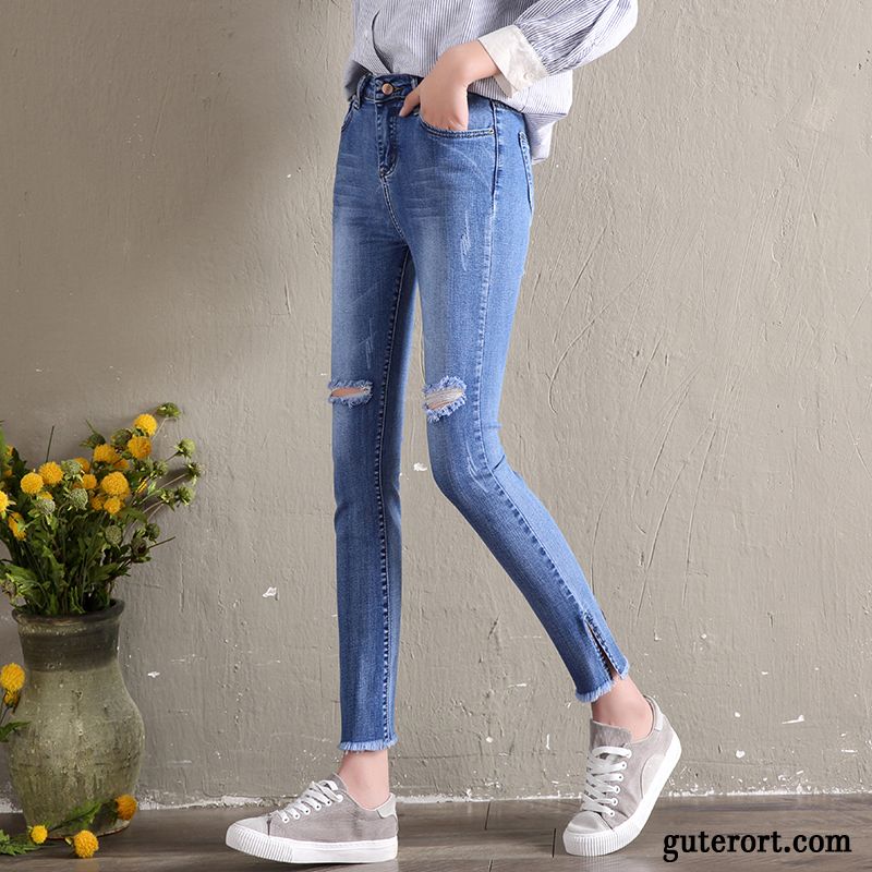 Jeans Damen Europa Löcher Dünn Hohe Taille Neu Bleistift Hose Blau