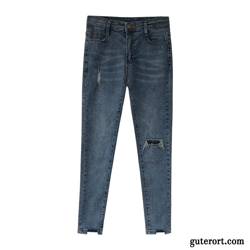 Jeans Damen Feder Bleistift Hose Schmales Bein Enganliegendes Bein Trend Rand Blau