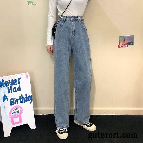 Jeans Damen Gerade Feder Dünn Weites Bein Elastisch Hose Blau