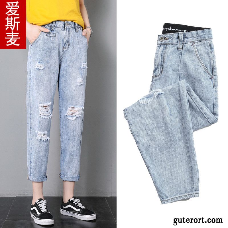 Jeans Damen Harlan Retro Schüler Trend Löcher Sommer Hellblau