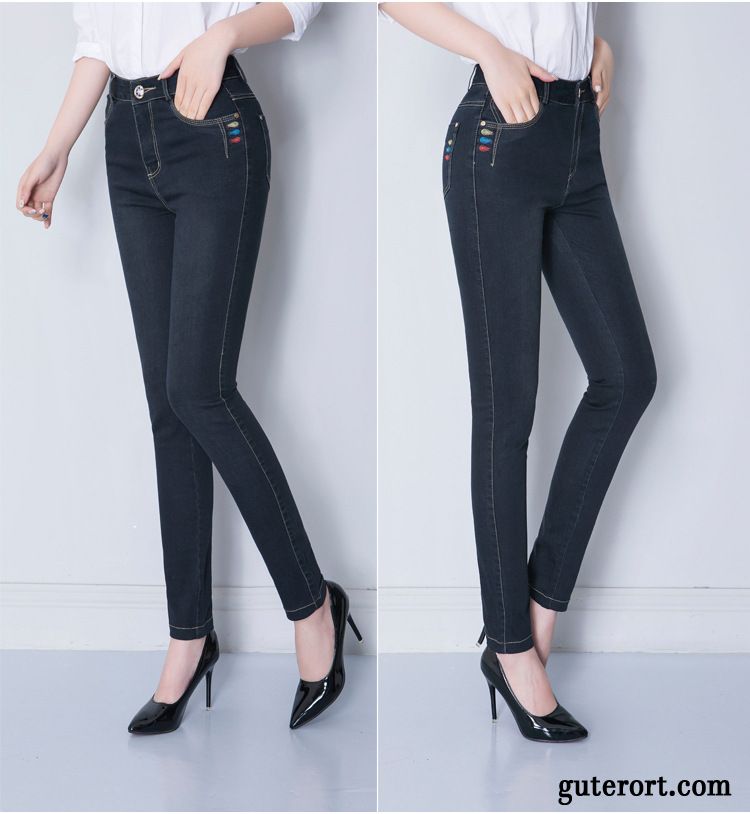 Jeans Damen Hohe Taille Gute Qualität Hose Modisch Feder Marke Schwarz