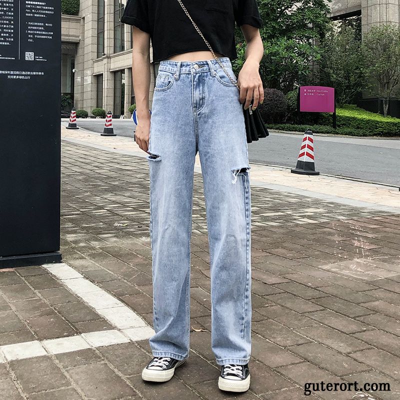 Jeans Damen Löcher Dünn Hose Lose Weites Bein Sommer Blau