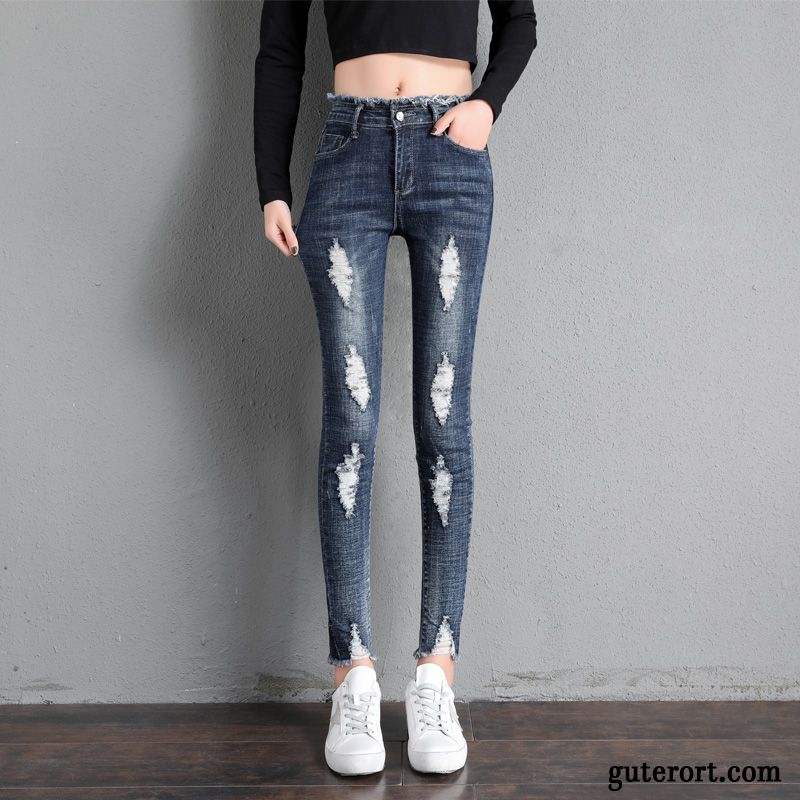 Jeans Damen Löcher Enganliegendes Bein Hohe Taille Feder Dünn Trend Dunkelblau Rot