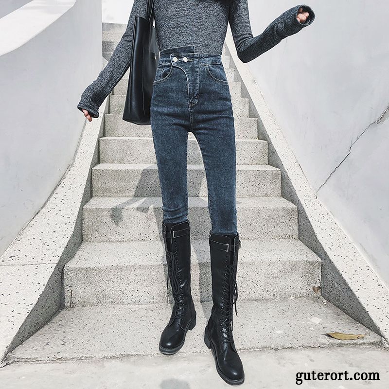 Jeans Damen Neunte Hose Enger Schnallen Hohe Taille Dünn Feder Ultra Blau Rot