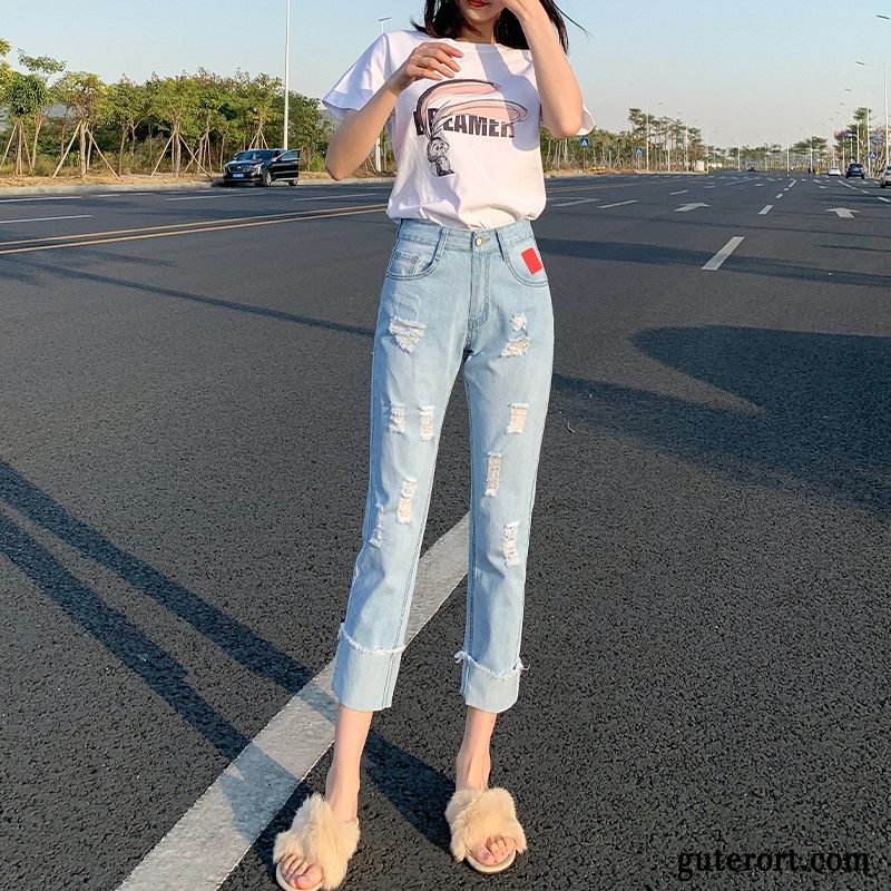 Jeans Damen Sommer Gerade Lose Neunte Hose Feder Trend Blau Hell