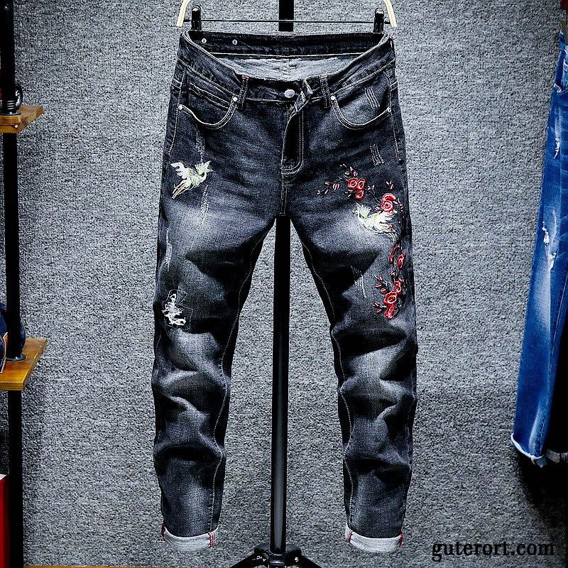 Jeans Herren Allgleiches Trend Gerade Dünn Chinesischer Stil Stickerei Schwarz Hell