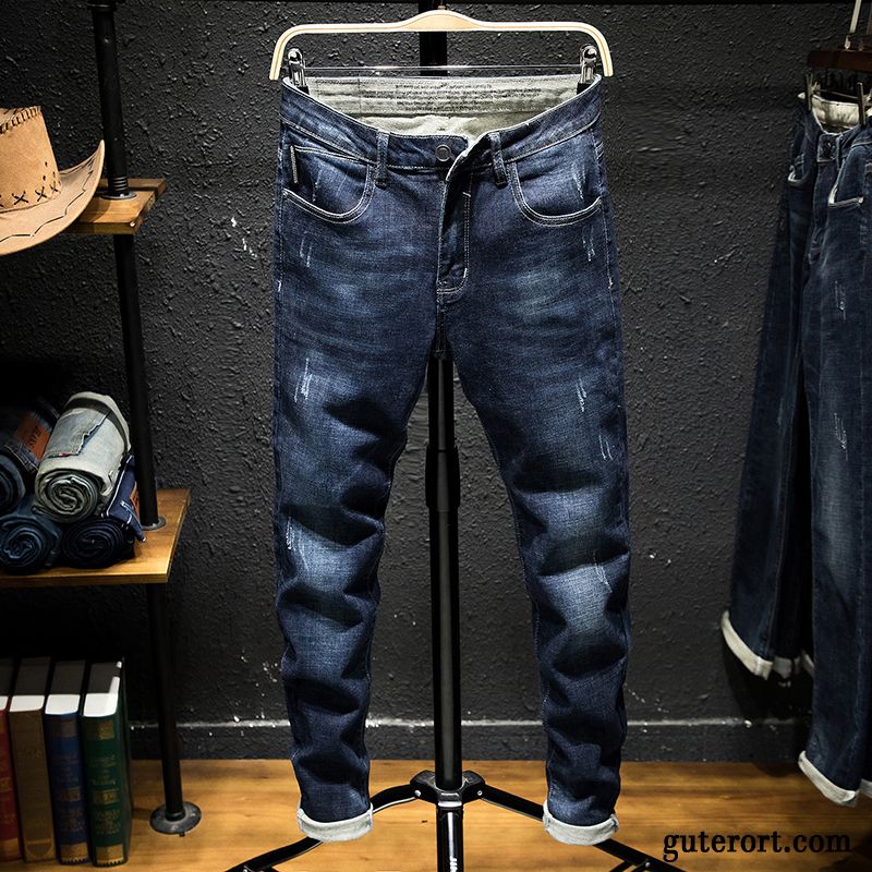 Jeans Herren Elastisch Dünn Herbst Trend Hose Europa Dunkelblau Schwarz