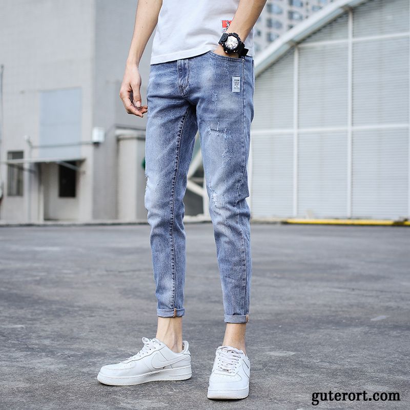 Jeans Herren Feder Trend Neunte Hose Elastisch Freizeit Allgleiches Blau Hell