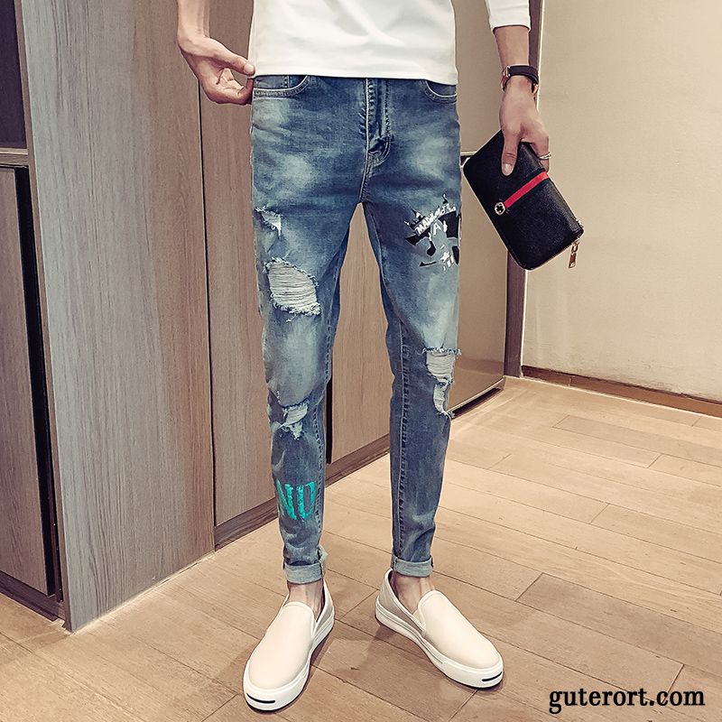 Jeans Herren Freizeit Löcher Trend Neunte Hose Schlank Allgleiches Blau Rot