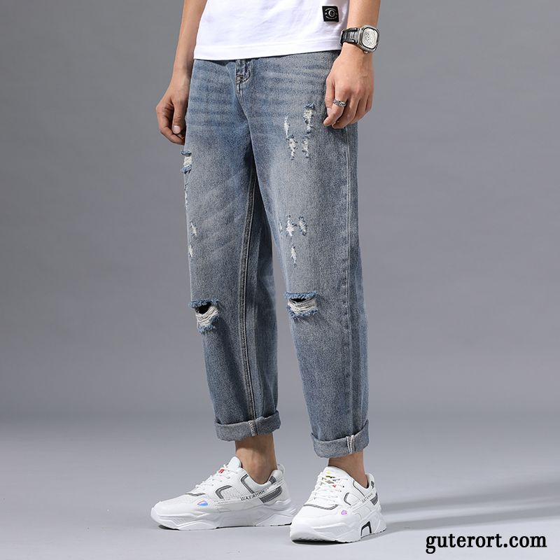 Jeans Herren High-end Löcher Lange Trend Lose Sommer Blau