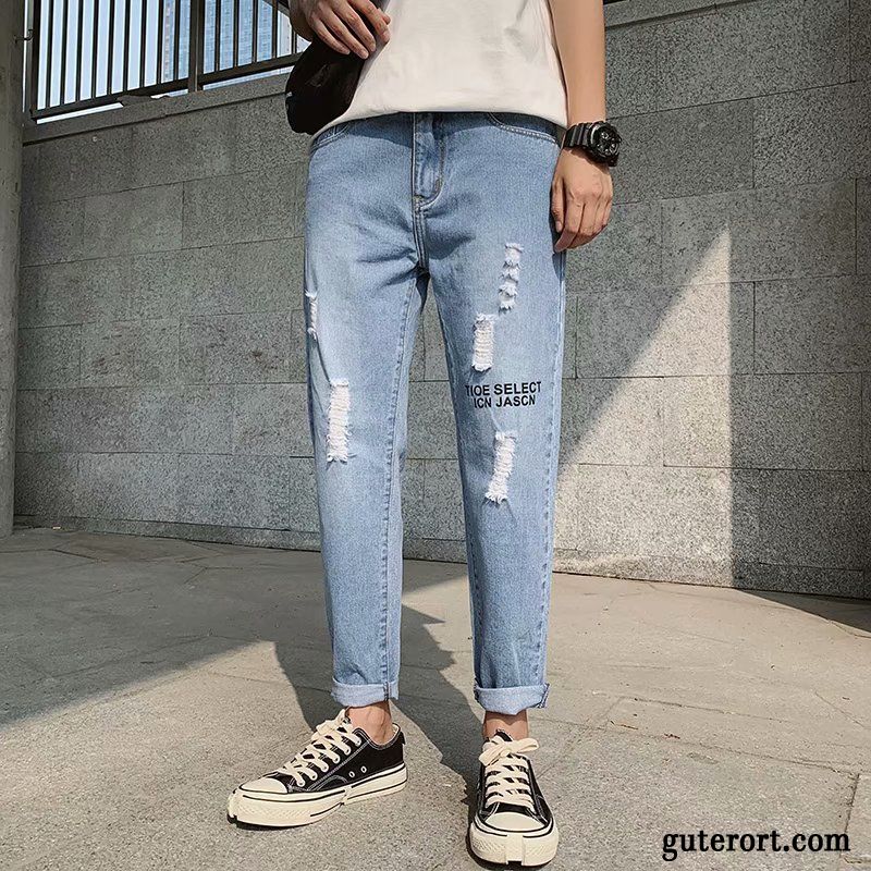 Jeans Herren Lose Weites Bein Sommer Trend Löcher Gerade Blau