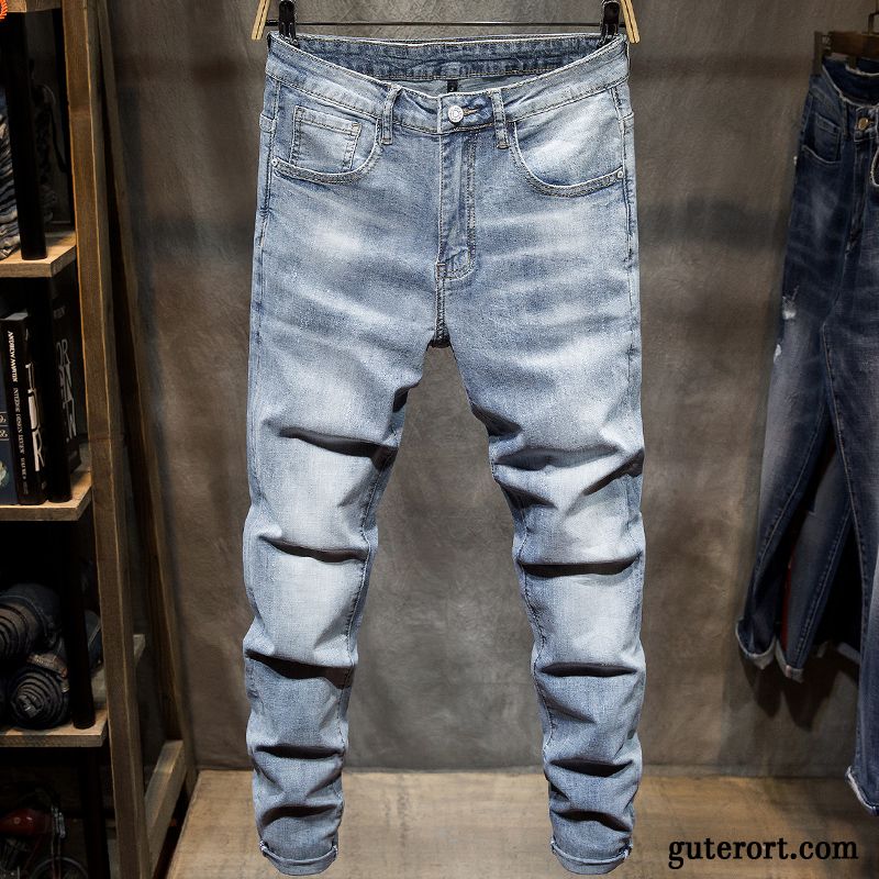 Jeans Herren Schlank Trend Schmales Bein Hose Feder Löcher Blau Hell