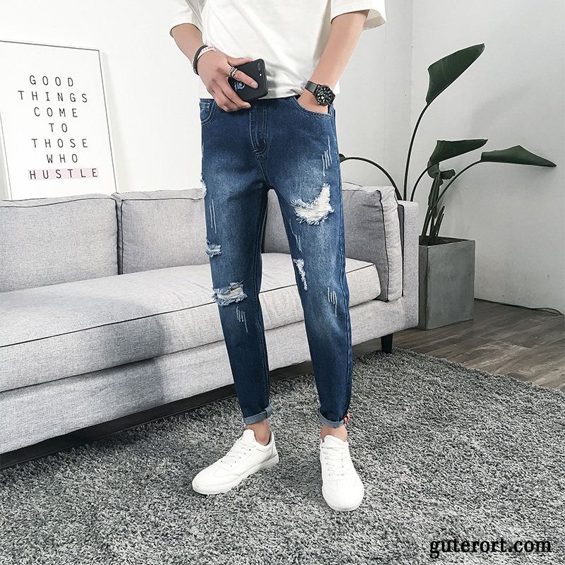 Jeans Herren Schmales Bein Sommer Dünn Elastisch Europa Löcher Blau