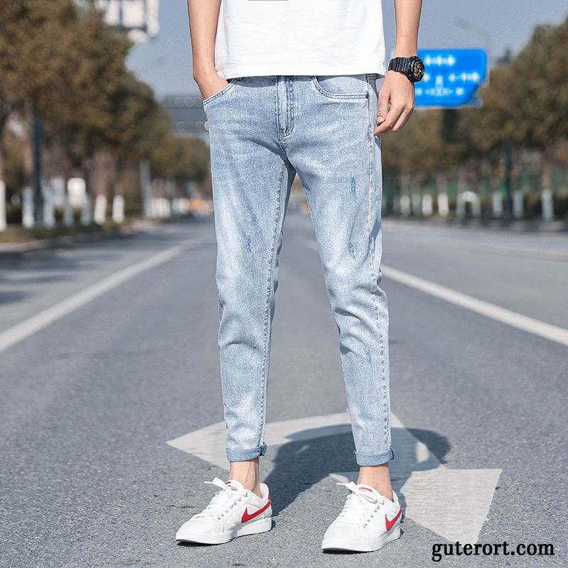 Jeans Herren Sommer Trend Dünn Schmales Bein Europa Neunte Hose Blau