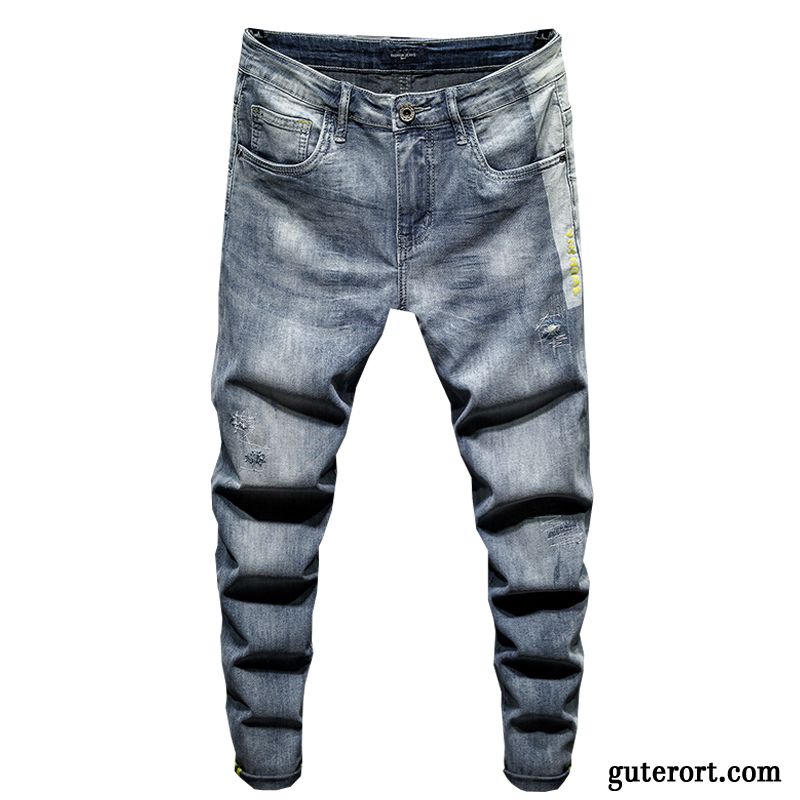 Jeans Herren Trend Europa Schlank Schmales Bein Dünn Sommer Blau Hell