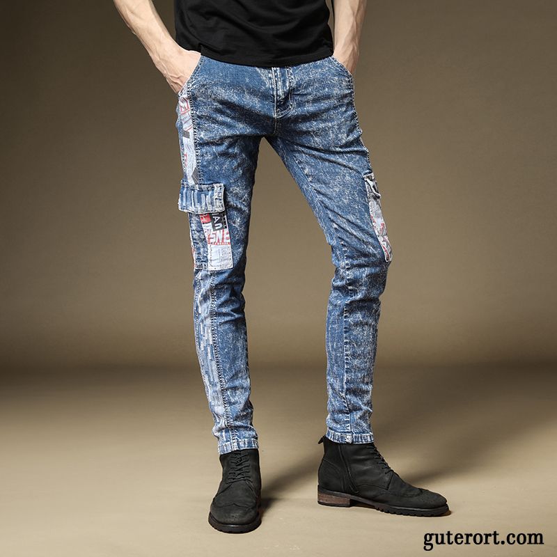 Jeans Herren Werkzeugbau Trend Europa Schlank Blume Spleißen Blau