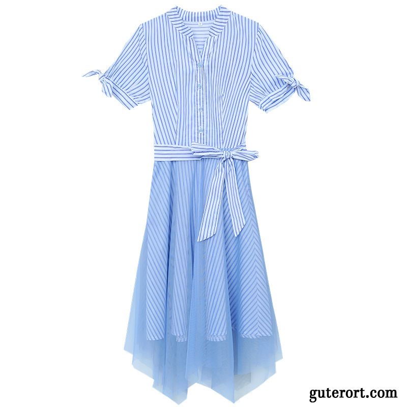 Kleider Damen Entwurf Temperament Blusen Streifen Sommer Unregelmäßig Blau