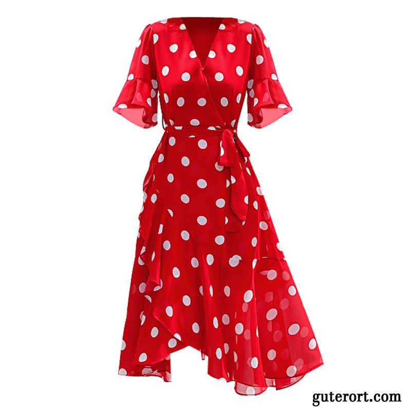 Kleider Damen V-ausschnitt Dünn Temperament Sommer Schnürung Chiffon Rot