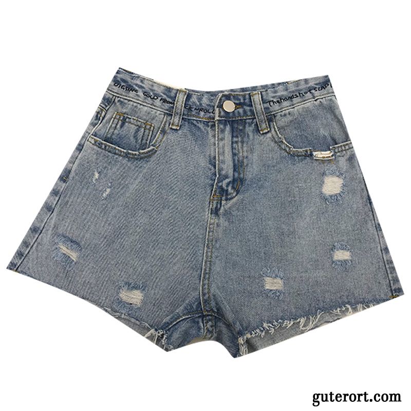 Kurze Hosen Damen Feder Gerade Hot Pants Retro Löcher Sommer Blau