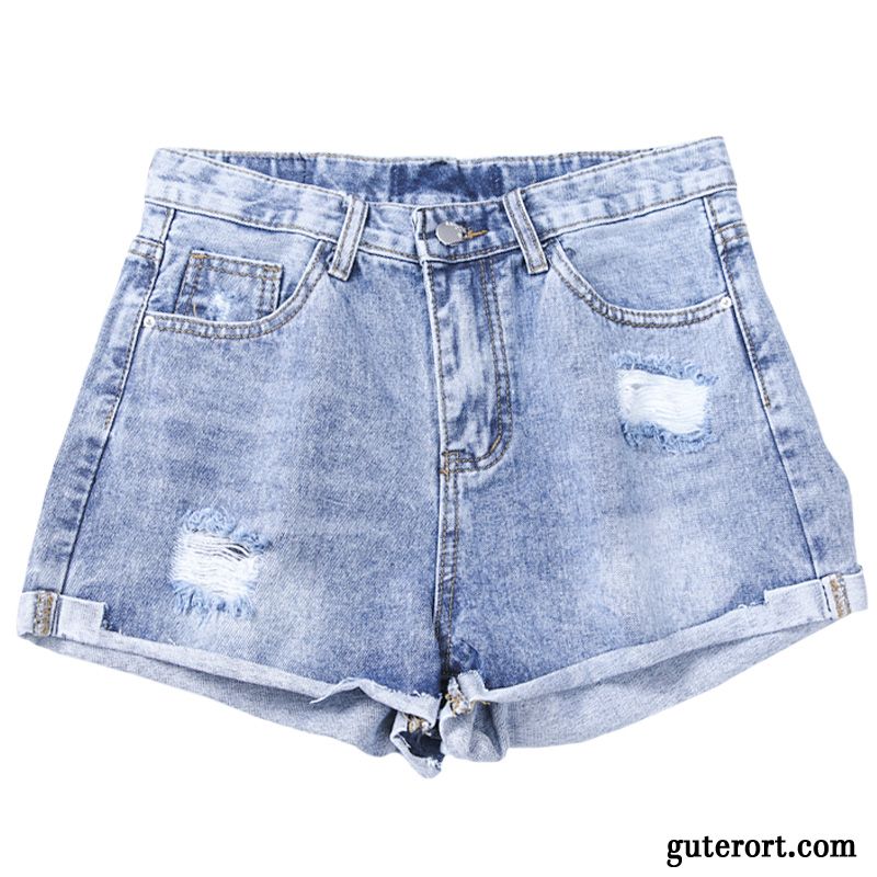 Kurze Hosen Damen Outwear Hot Pants A Schreiben Weites Bein Löcher Crimpen Hellblau