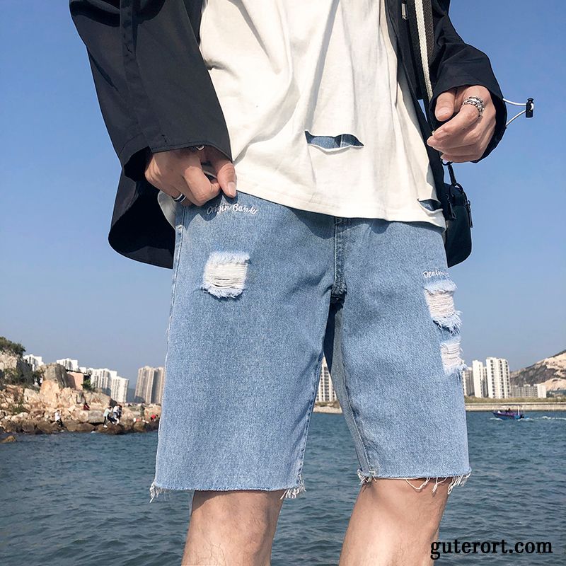 Kurze Hosen Herren Dünn Rand Stickerei Sommer Trend Jeans Blau