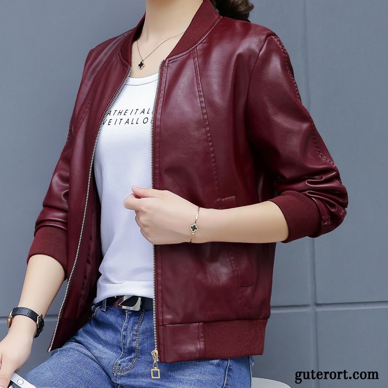 Lederjacke Damen Herbst Neu Kurzer Absatz Überzieher Allgleiches Plus Samt Jujube Rote