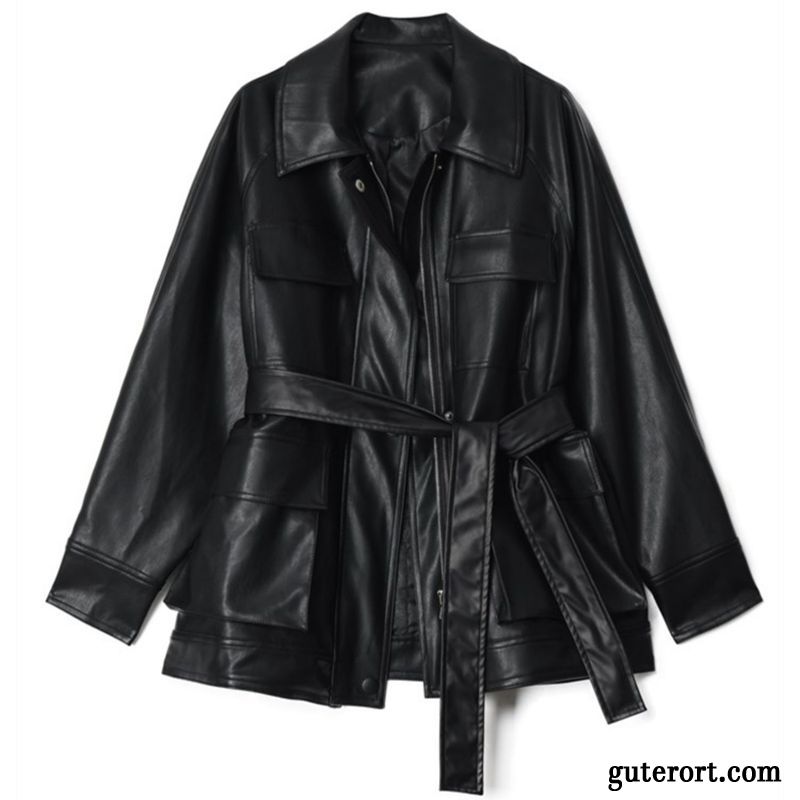 Lederjacke Damen Herbst Trend Europa Pu Feder Neu Schwarz