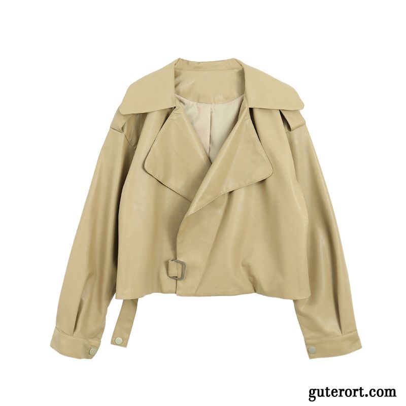 Lederjacke Damen Herbst Überzieher Kurzer Absatz Lose Hohe Taille Revers Khaki