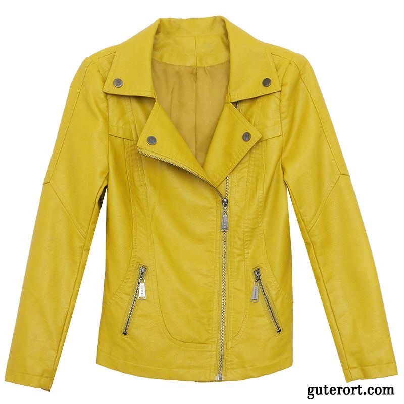 Lederjacke Damen Kurzer Absatz Feder Allgleiches Neu Trend Lose Gelb