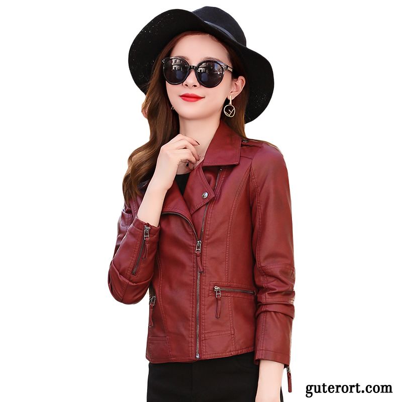 Lederjacke Damen Mode Trend Elegant Temperament Herbst Lange Ärmel Bordeauxrot