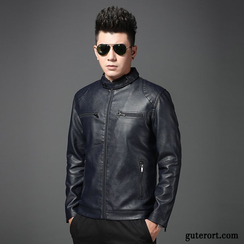 Lederjacke Herren Persönlichkeit Neu Trend Mode Feder Stehkragen Navy Blue