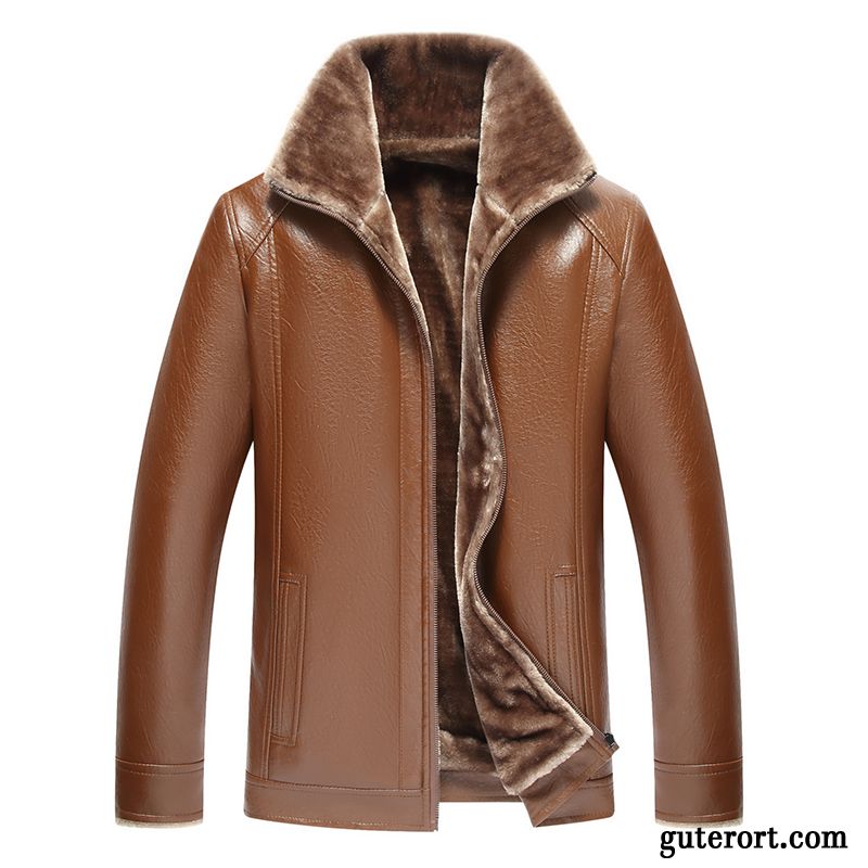 Lederjacke Herren Verdickung Überzieher Winter Plus Samt Herbst Große Größe Braun