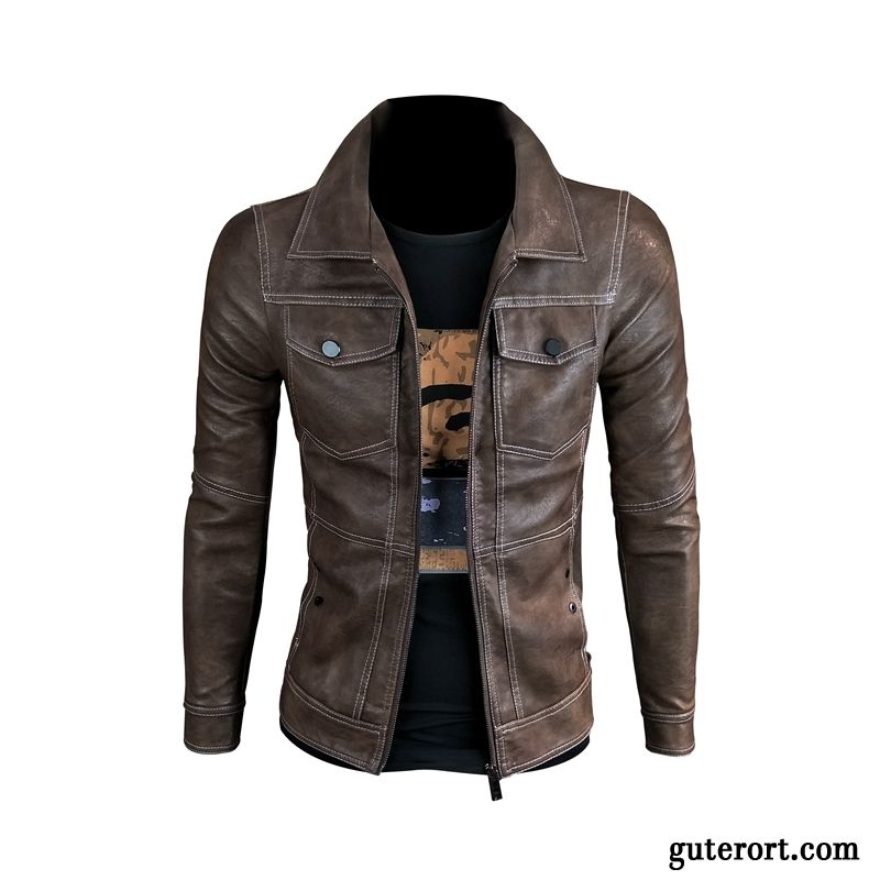 Lederjacke Herren Überzieher Mode Herbst Retro Jugend Neu Khaki Dunkel