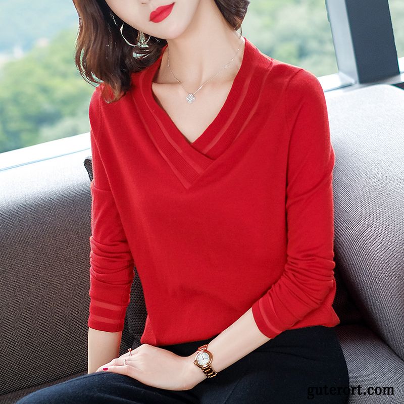 Pullover Damen V-ausschnitt Feder Mantel Stricken Herbst Lange Ärmel Rot