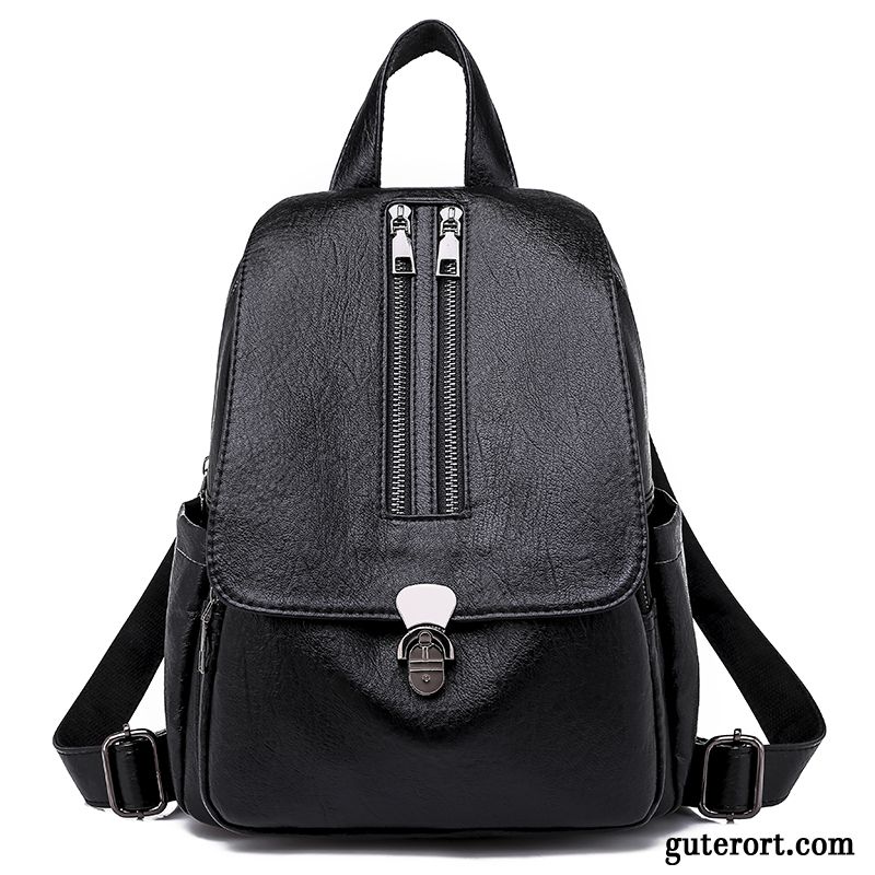 Rucksäcke Damen Freizeit Reisen Weiches Leder Rucksack Tasche Retro Schwarz